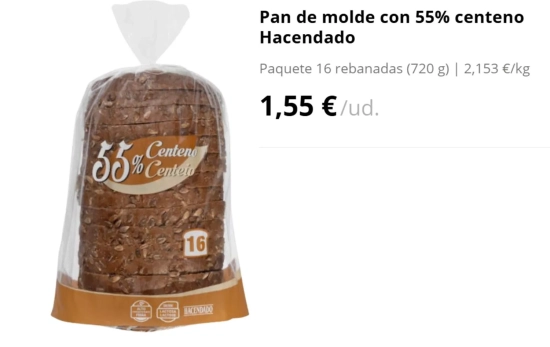 Pan de molde con 55% centeno Hacendado/ MERCADONA.ES