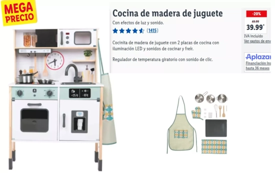 Cocinita de madera de juguete con 2 placas de cocina con iluminación LED y sonidos de cocinar y freír/ LIDL.ES