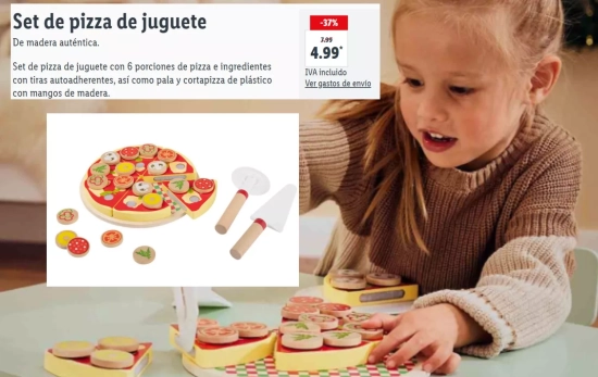 Set de pizza de juguete con 6 porciones de pizza e ingredientes con tiras autoadherentes por 4,99 euros/ LIDL.ES