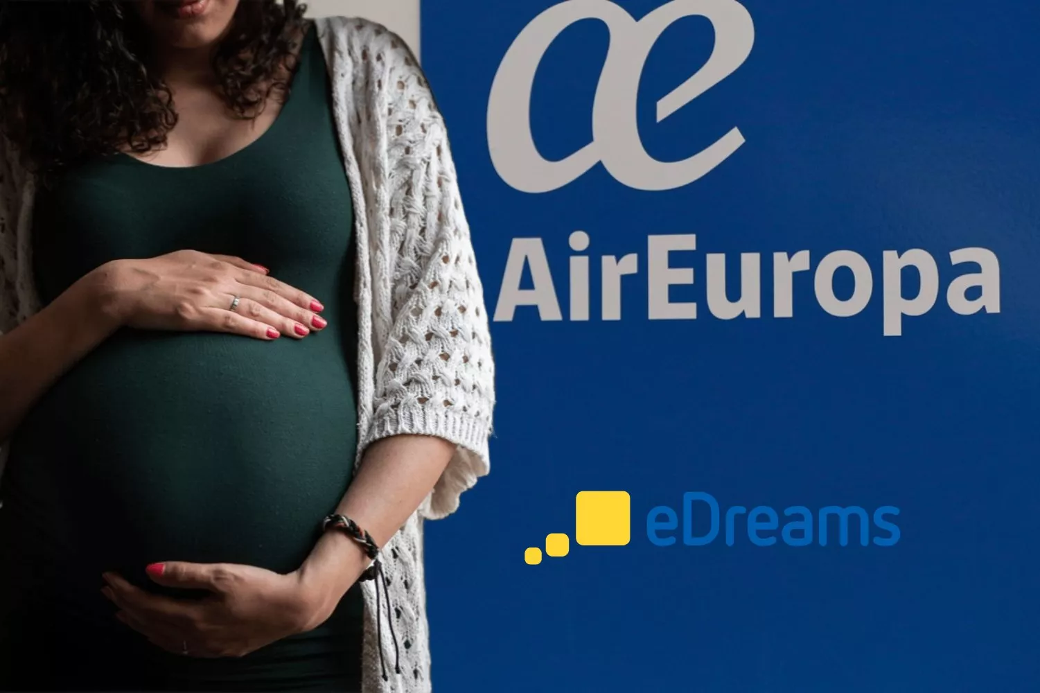 Una embarazada de riesgo con el logotipo de Air Europa y eDreams detrás   CG (1)