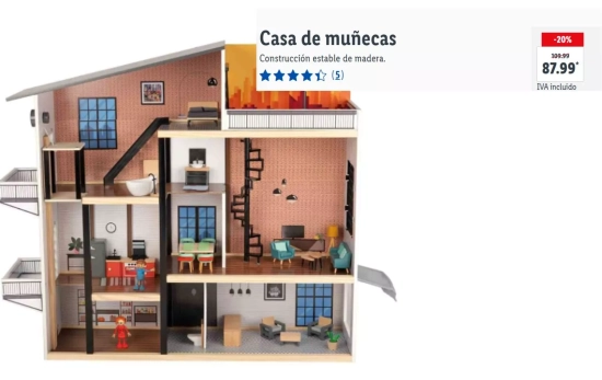 Casa de muñecas construcción estable de madera de Lidl por 87,99 euros./ LIDL.ES