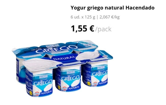 Yogur griego natural Hacendado, 1,55 euros / MERCADONA.ES