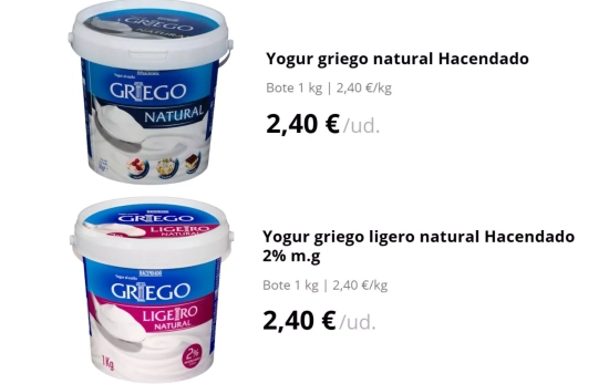 Yogur griego natural  y ligero Hacendado. Formato grande de 1 kg, 2,40 euros/MERCADONA.ES