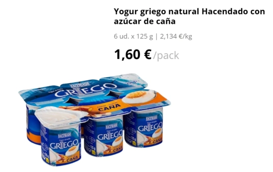 Yogur griego natural Hacendado con azúcar de caña, 1,60 euros/ MERCADONA.ES