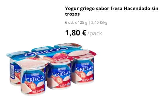 Yogur griego sabor fresa Hacendado sin trozos, 1,80 euros/ MERCADONA.ES