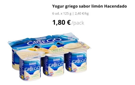 Yogur griego sabor Limón Hacendado (sin trozos), 1,80 euros/ MERCADONA.ES