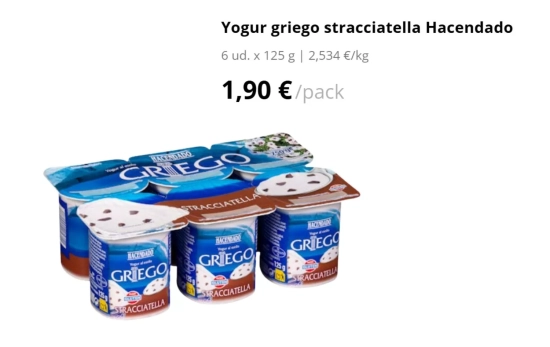 Yogur griego sabor Stracciatella Hacendado 1,90 euros/ MERCADONA.ES