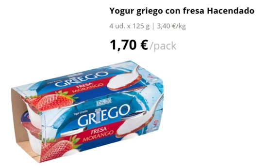 Yogur griego con fresa Hacendado, 1,70 euros/ MERCADONA.ES