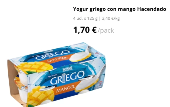 Yogur griego con mango Hacendado, 1,70 euros/ MERCADONA.ES