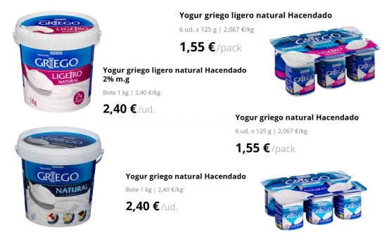 Yogur griego natural y ligero ( Pack 4 o Formato ahorro 1kg), 2,40 euros y 1,55 euros/ MERCADONA.ES