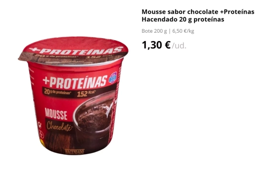 Mousse sabor chocolate +Proteínas Hacendado 20 g 1,30 euros/ MERCADONA.ES