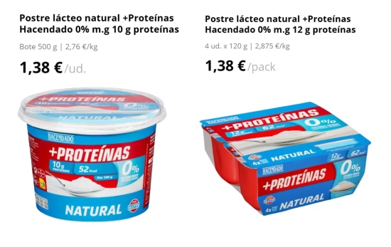 Postre lácteo natural +Proteínas Hacendado 0% m.g 10 g, 2,40 euros y 1,55 euros/ MERCADONA.ES