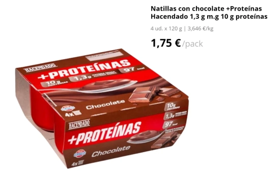 Natillas con chocolate +Proteínas Hacendado 1,3 g m.g 10 g, 1,75 euros/ MERCADONA.ES