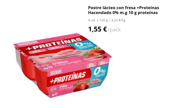 Postre lácteo con fresa +Proteínas Hacendado 0% m.g 10 g, 1,55 euros/ MERCADONA.ES