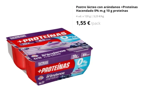 Postre lácteo con arándanos +Proteínas Hacendado 0% m.g 10 g, 1,55 euros/ MERCADONA.ES