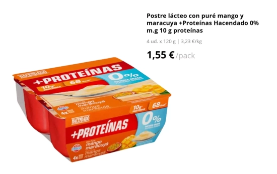 Postre lácteo con puré mango y maracuya +Proteínas Hacendado 0% m.g 10 g , 1,55 euros/ MERCADONA.ES