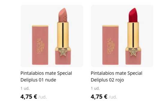 Pintalabios mate Special Deliplus 01 nude y el Pintalabios mate Special Deliplus 02 rojo/ MERCADONA.ES