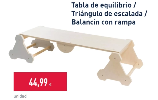 Tabla de equilibrio / Triángulo de escalada / Balancín con rampa/ 44, 99 euros/ ALDI.ES