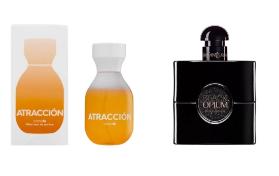 Como Tú Atracción (8 €)/ Black Opium de Yves Saint Laurent (145 €)/ Montaje CG