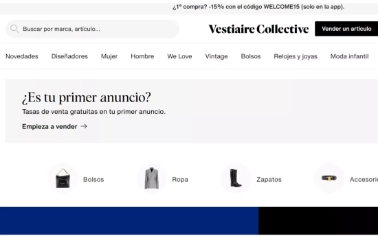 Interfaz de Vestiaire Collective, la app de lujo sostenible/ VESTIAIRECOLLECTIVE.COM