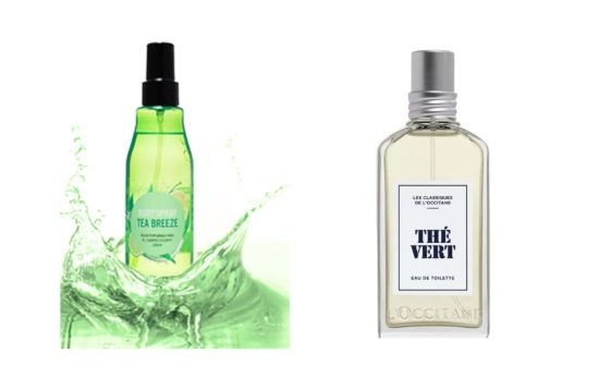 Body spray Tea Breeze Deliplus (3,00 €)/ L'Occitane The Vert (55 €).