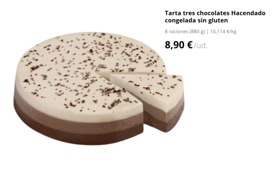 Tarta tres chocolates Hacendado congelada sin gluten (8,90€)/ MERCADONA.ES