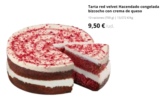 Tarta red velvet Hacendado congelada bizcocho con crema de queso (9,50€)/ MERCADONA.ES