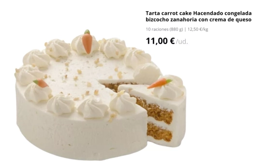 Tarta carrot cake Hacendado congelada bizcocho zanahoria con crema de queso (11€)/ MERCADONA.ES