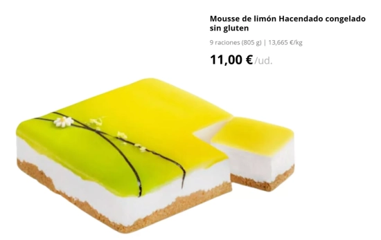 Mousse de limón Hacendado congelado sin gluten (11,00€)/ MERCADONA.ES