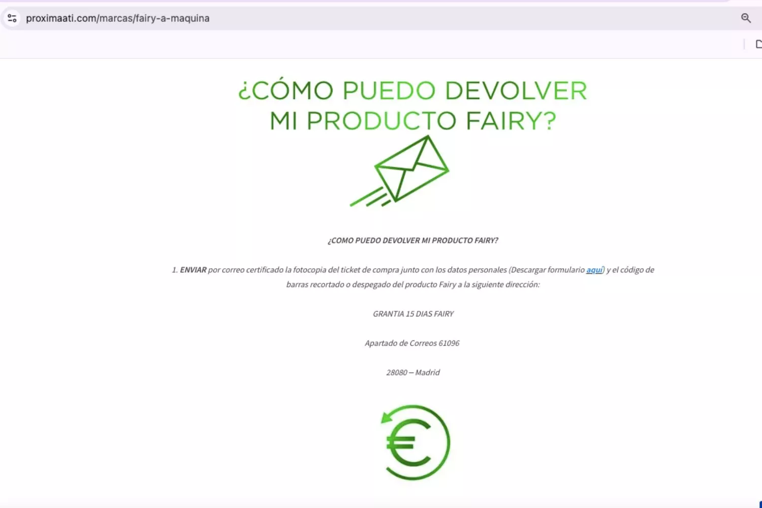 Pasos a seguir para la devolución de Fairy Platinum Plus en la web Proxima a ti / PROXIMA A TI