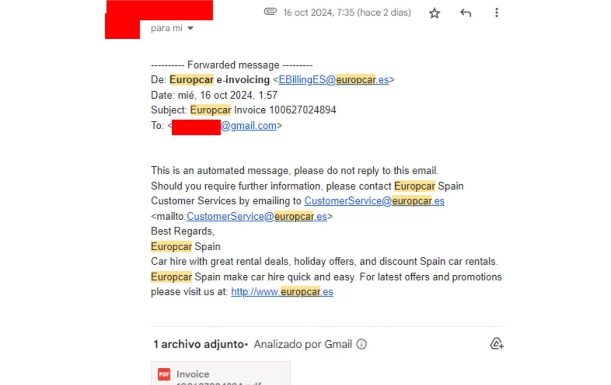 El mail de Europcar CEDIDO