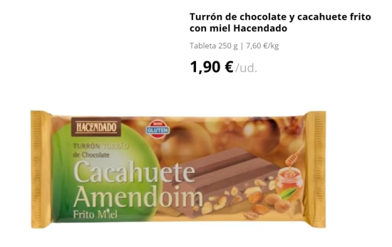 Turrón de chocolate y cacahuete frito con miel Hacendado/ 1,90€/ MERCADONA.ES