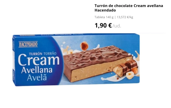 Turrón de chocolate Cream avellana Hacendado/ 1,90€/ MERCADONA.ES