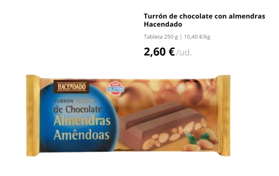 Turrón de chocolate con almendras Hacendado/ 2,60€/ MERCADONA.ES