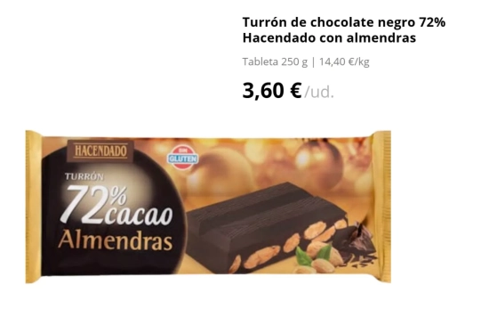 Turrón de chocolate negro 72% Hacendado con almendras/ 3,60€/MERCADONA.ES