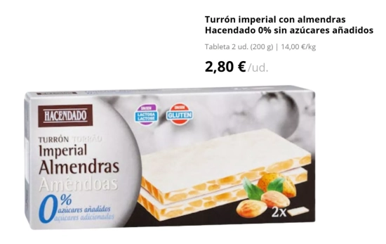 Turrón imperial con almendras Hacendado 0% sin azúcares añadidos/2,80€/MERCADONA.ES