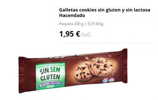 Galletas cookies sin gluten y sin lactosa Hacendado/ 1,95€/ MERCADONA.ES