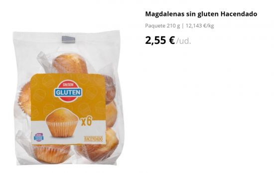 Magdalenas sin gluten Hacendado/ 2,55 €/ MERCADONA.ES