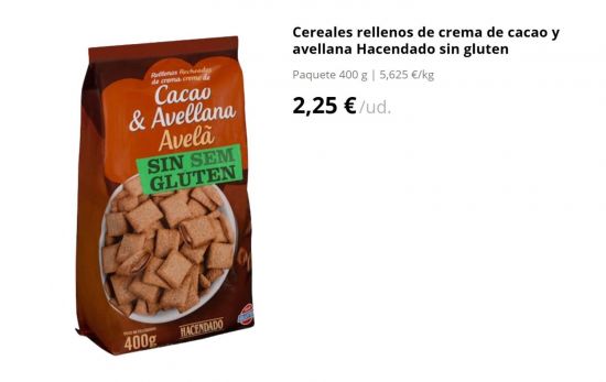 Cereales rellenos sin gluten Hacendado/ 2,25 €/ MERCADONA.ES