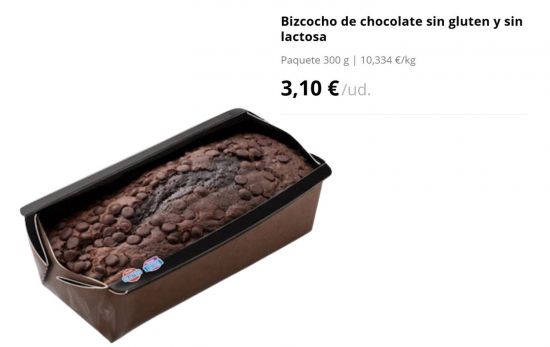 Bizcocho de chocolate sin gluten y sin lactosa/ 3,10 €/ MERCADONA.ES