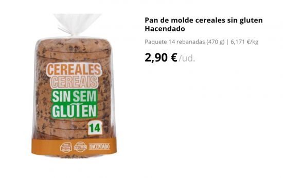 Pan de molde cereales sin gluten Hacendado/ 2,90 €/ MERCADONA.ES