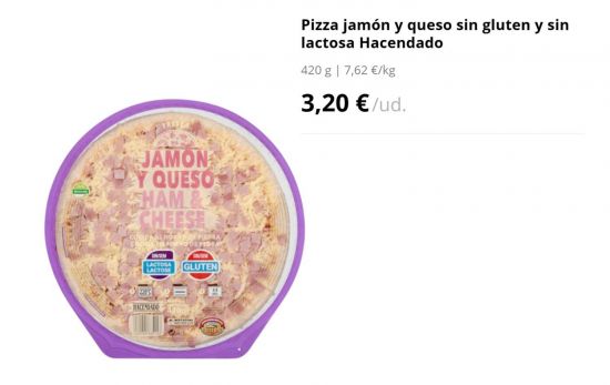 Pizza jamón y queso sin gluten y sin lactosa Hacendado/ 3,20 € / MERCADONA.ES