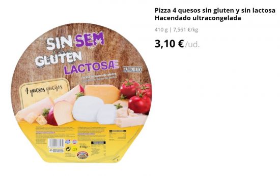 Pizza 4 quesos sin gluten y sin lactosa Hacendado ultracongelada/ 3,10 €/ MERCADONA.ES