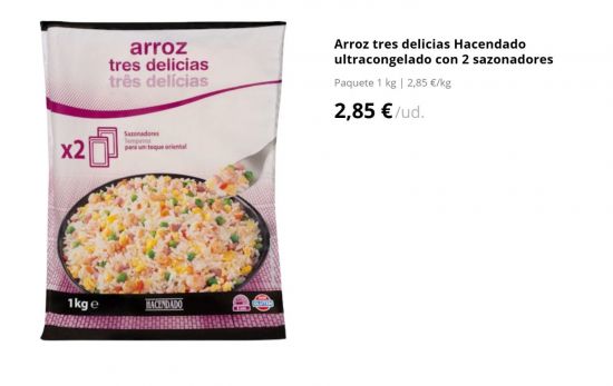 Arroz tres delicias Hacendado ultracongelado con 2 sazonadores sin gluten / 2,85 €/MERCADONA.ES