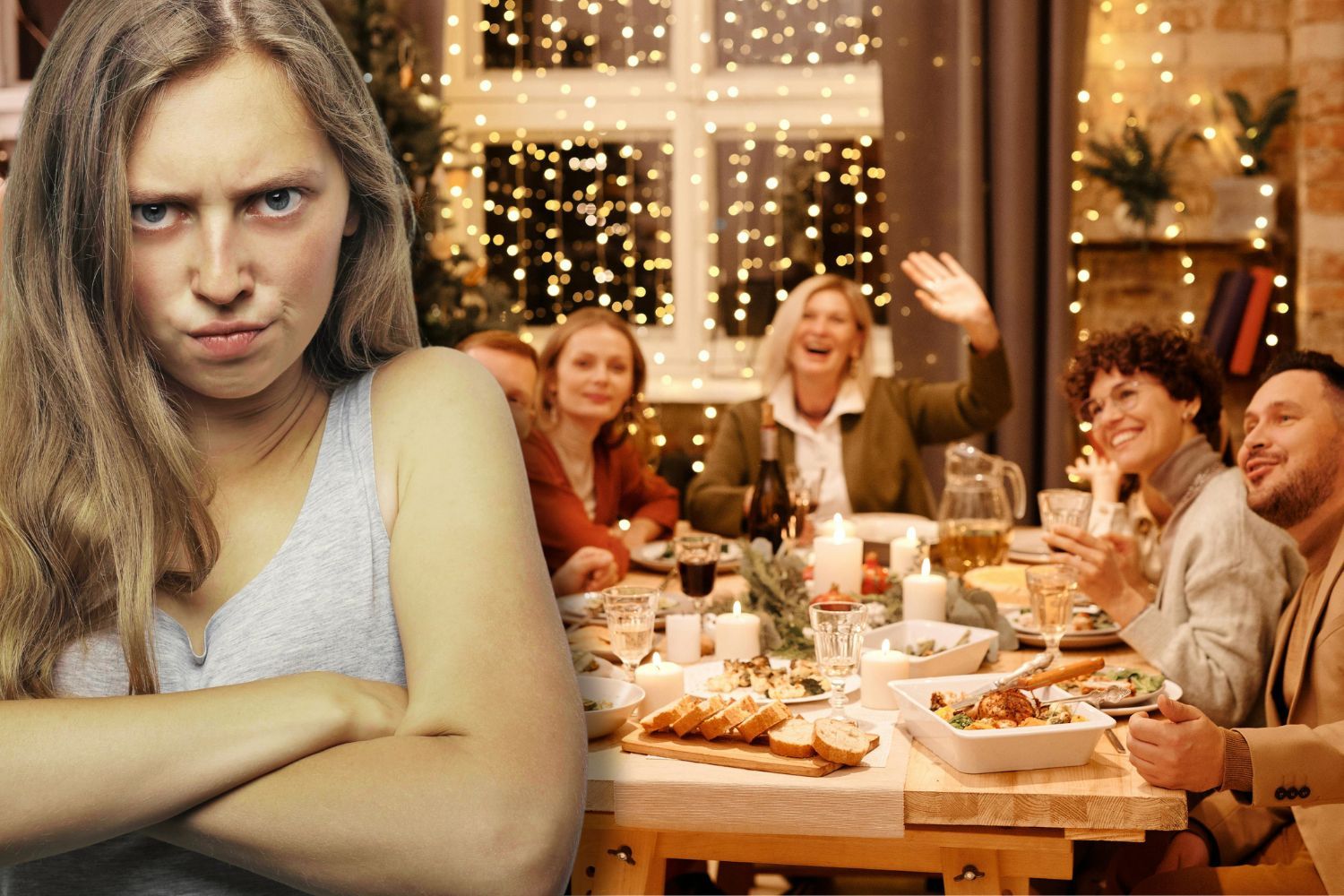 Una persona molesta en una cena de Navidad porque está obligada a asistir sin ganas/ Montaje CG