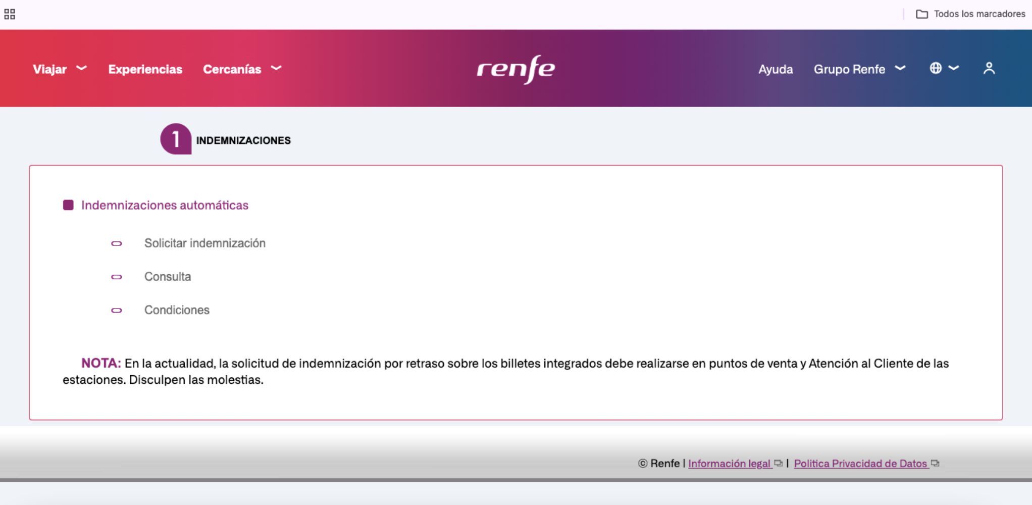 Nota de Renfe que genera dudas sobre la solicitud de indemnización / RENFE