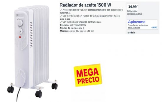 Radiador de aceite 1500 W / 34,99 €/ LIDL.ES