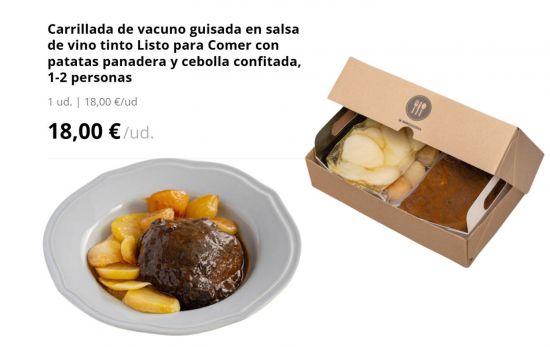 Carrillada de vacuno guisada en salsa de vino tinto Listo para Comer con patatas panadera y cebolla confitada, 1-2 personas, 18 €/ MERCADONA.ES