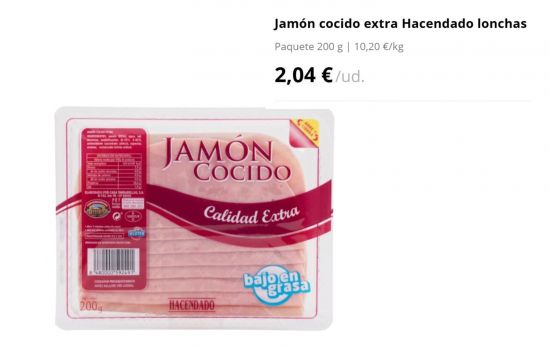 Jamón cocido extra Hacendado lonchas/  2,04 €/ MERCADONA.ES