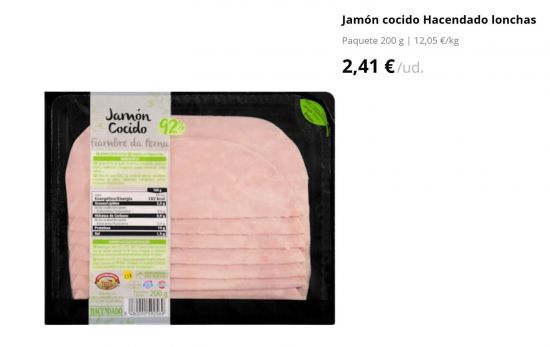 Jamón cocido Hacendado lonchas 92% carne/ 2,41 €/ MERCADONA.ES